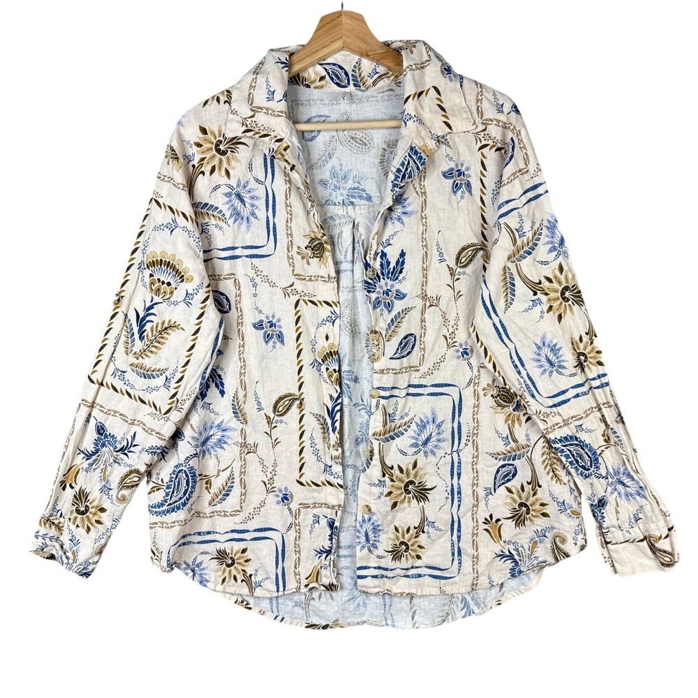 Intimissimi Linen Cotton Floral Paisley Border Print Button Down Shirt Size L